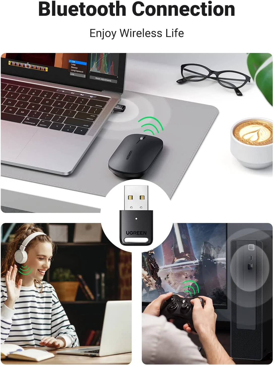 Thiết bị nhận Bluetooth USB 5.0 công suất 10mW, màu đen Ugreen (80890)