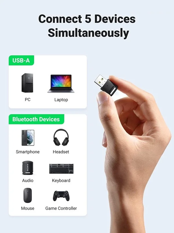 Thiết bị nhận Bluetooth USB 5.0 công suất 10mW, màu đen Ugreen (80890)