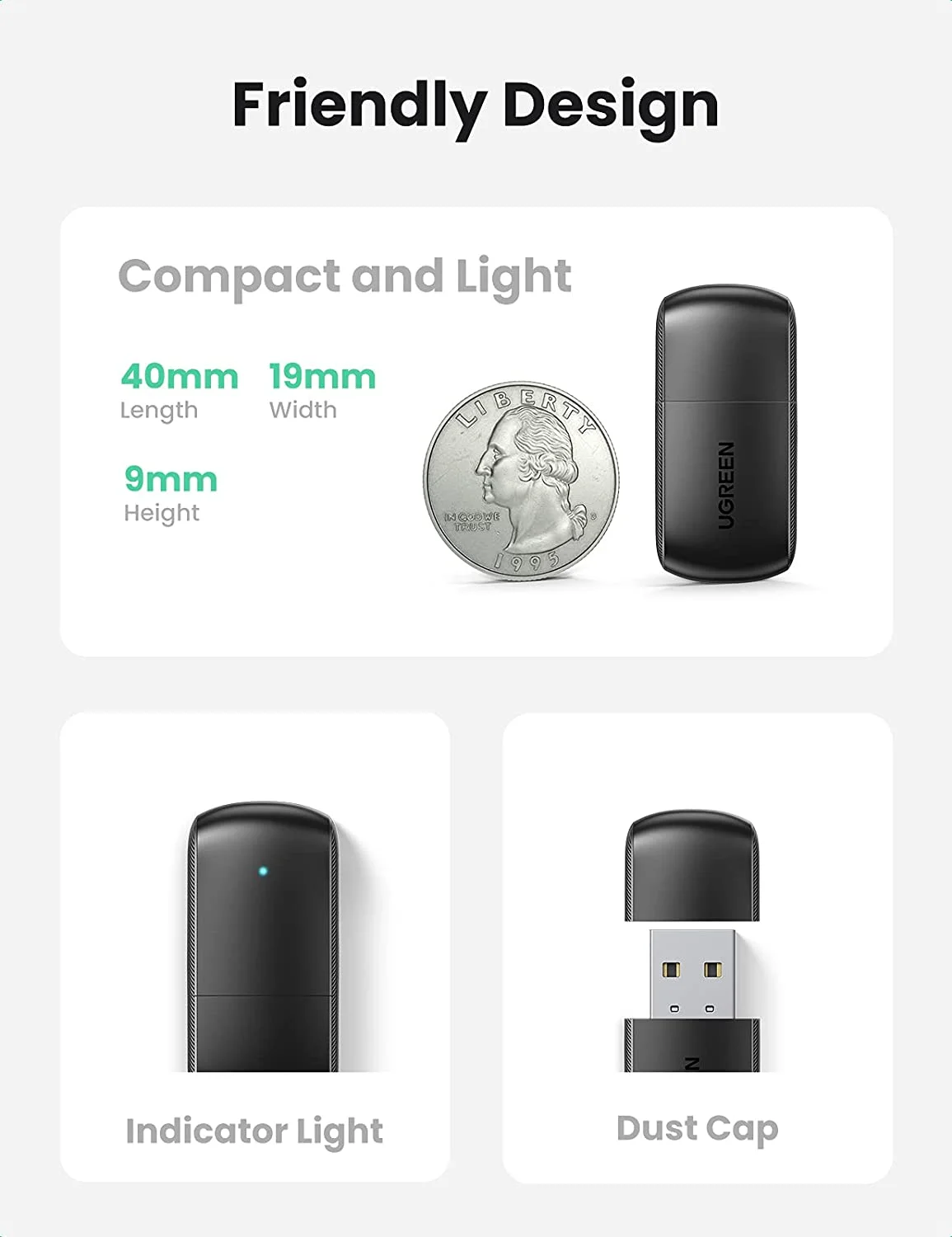 Thiết bị USB nhận Bluetooth công suất Bluetooth 20mW, màu đen Ugreen (20204)