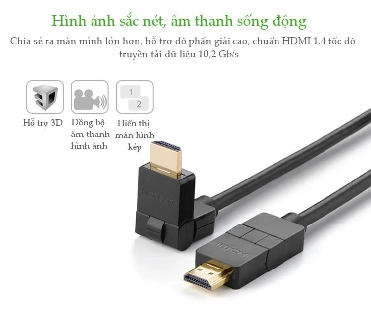 Ugreen 10125 1M màu đen Cáp tín hiệu HDMI đầu xoay 180 độ cao cấp HD105