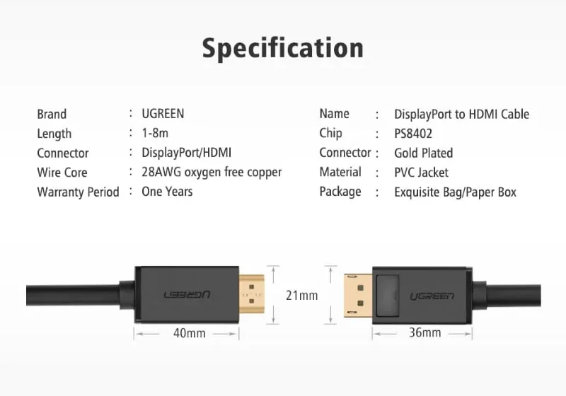 Ugreen 10239 1.5M Màu Đen Cáp chuyển đổi Displayport sang HDMI thuần đồng DP101 — ảnh 2