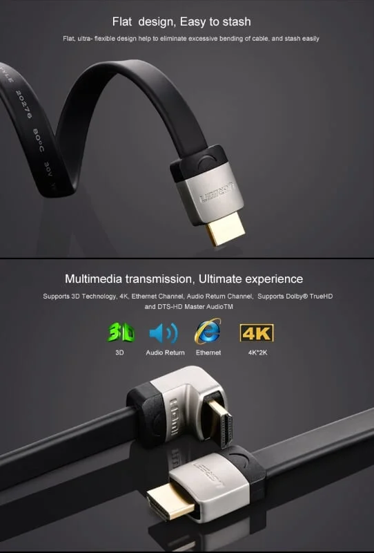 Ugreen 10280 3M dây màu đen đầu màu xám Cáp tín hiệu HDMI dẹt bẻ góc 90 độ HD122 — ảnh 12