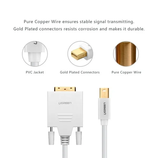 Ugreen 10425 3M Màu Trắng Cáp chuyển đổi Mini DP sang DVI 24+1 hỗ trợ phân giải 1080P MD102