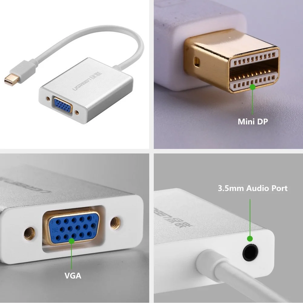 Ugreen 10437 Màu Trắng Cáp chuyển đổi Mini DP sang VGA vỏ nhôm có Audio MD107