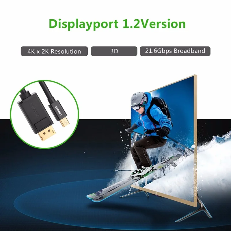 Ugreen 10433 2M Màu Đen Cáp chuyển đổi Mini DP sang DisplayPort hỗ trợ phân giải 4K x 2K MD105