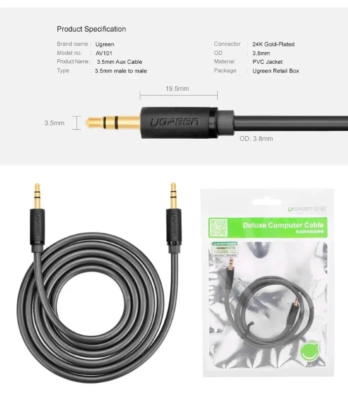 Ugreen 10502 1M màu Đen Cáp âm thanh 2 đầu 3.5mm dương AV101