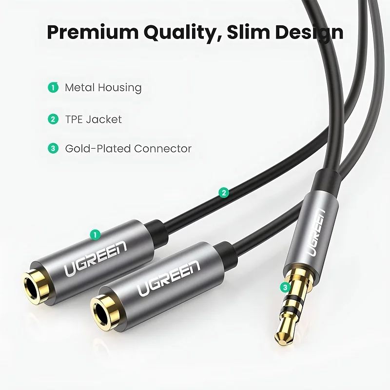 Ugreen 10532 25CM Màu Đen 3.5mm cáp chia âm thanh 1 ra 2 AV123