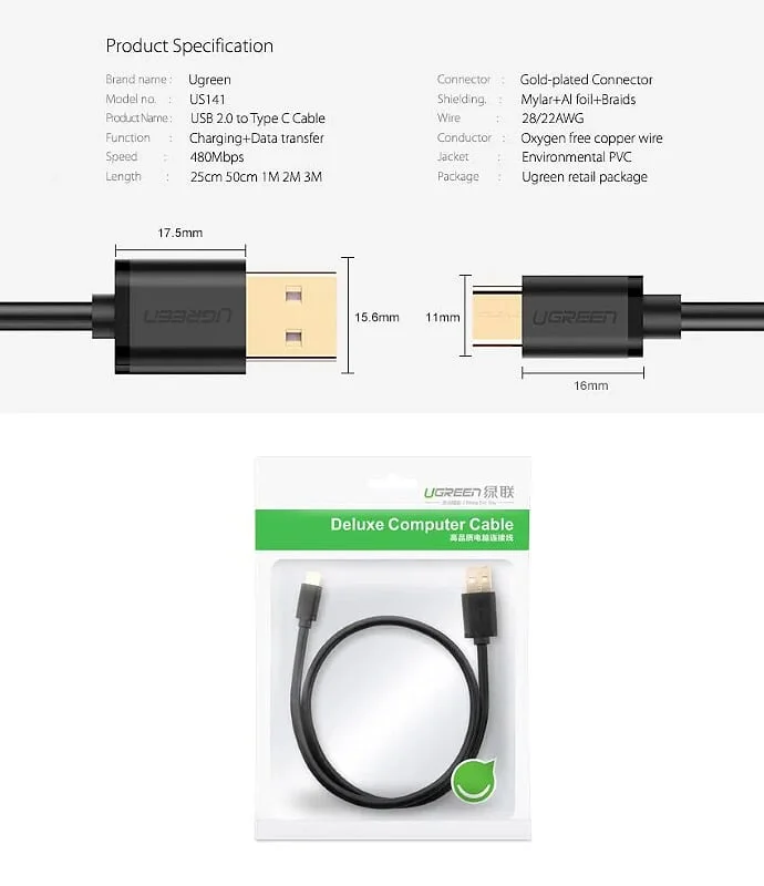 Ugreen 10667 1M Màu Cam Cáp Usb 2.0 Sang Type C mạ vàng US141 — ảnh 10