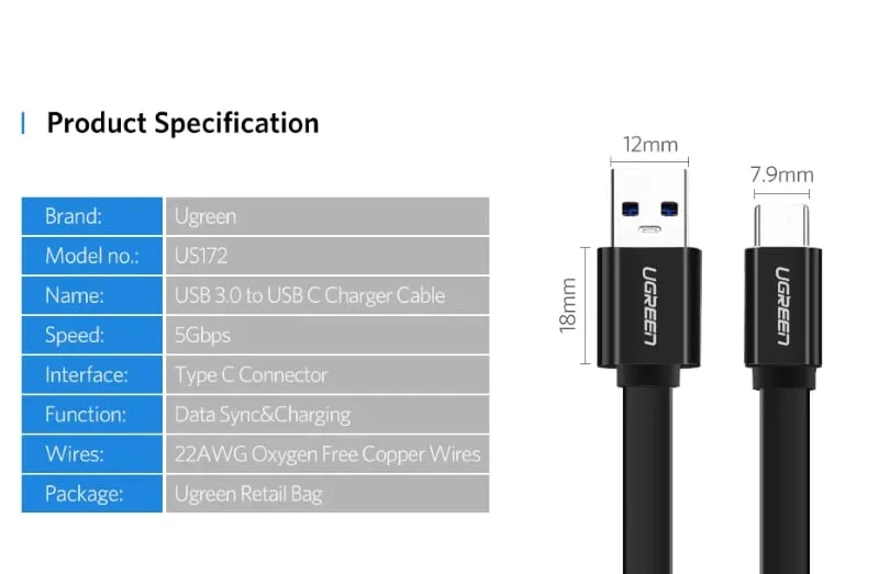 Ugreen 10696 0.5M màu đen Cáp USB TypeC sang USB 3.0 cáp dẹt US172 — ảnh 4