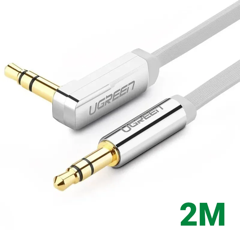 Ugreen 10759 2M màu Trắng Cáp âm thanh 2 đầu 3.5mm dương đầu vuông góc mạ vàng AV119