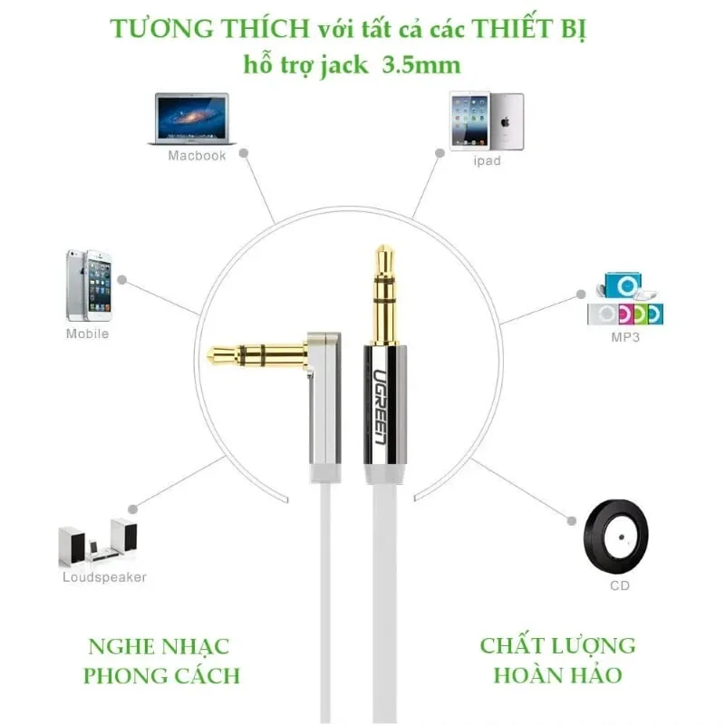 Ugreen 10761 5M màu Trắng Cáp âm thanh 2 đầu 3.5mm dương đầu vuông góc mạ vàng AV119 — ảnh 10