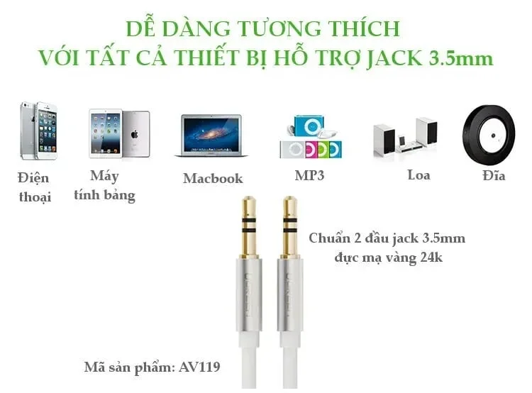 Ugreen 10767 5M màu Trắng Cáp âm thanh 2 đầu 3.5mm dương dây dẹt AV119 — ảnh 9