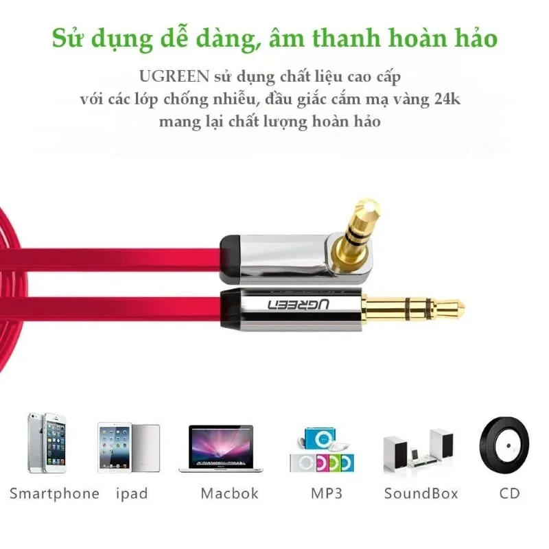 Ugreen 10797 0.5M Đỏ Cáp âm thanh 2 đầu 3.5mm dương chữ L dây dẹt AV119 — ảnh 4