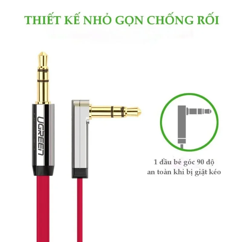 Ugreen 10797 0.5M Đỏ Cáp âm thanh 2 đầu 3.5mm dương chữ L dây dẹt AV119