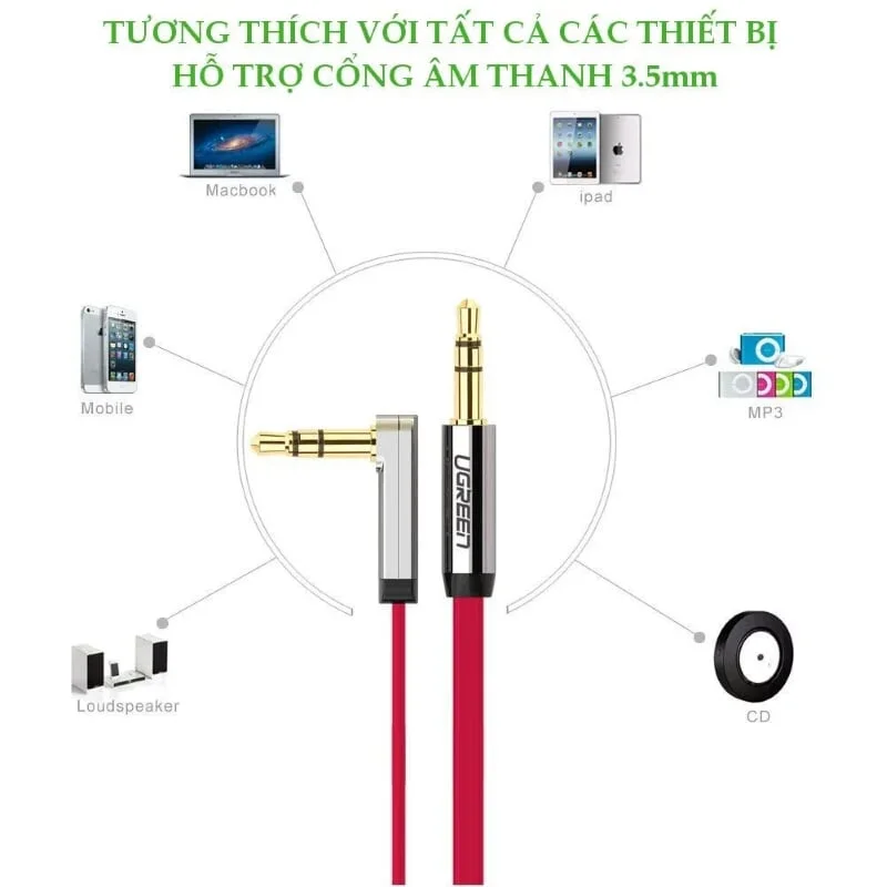 Ugreen 10798 1M Đỏ Cáp âm thanh 2 đầu 3.5mm dương chữ L dây dẹt AV119 — ảnh 2