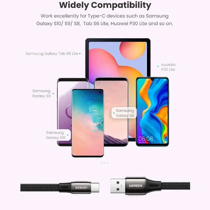 Ugreen 10965 2m QC4 3A cáp usb A ra type C mỏng dẹp 2.5mm màu đen bện dù US330 — ảnh 3