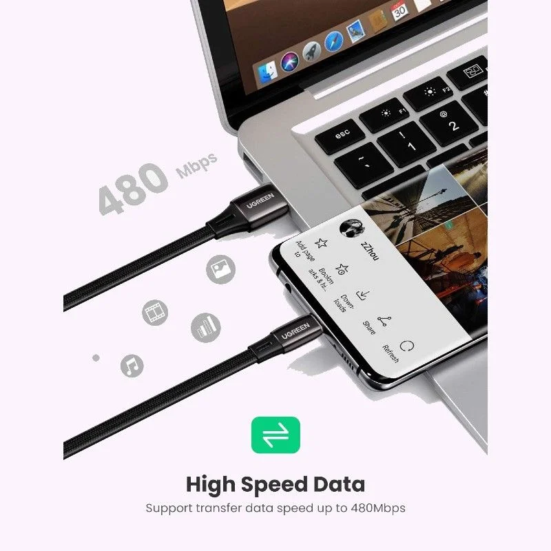 Ugreen 10965 2m QC4 3A cáp usb A ra type C mỏng dẹp 2.5mm màu đen bện dù US330 — ảnh 4