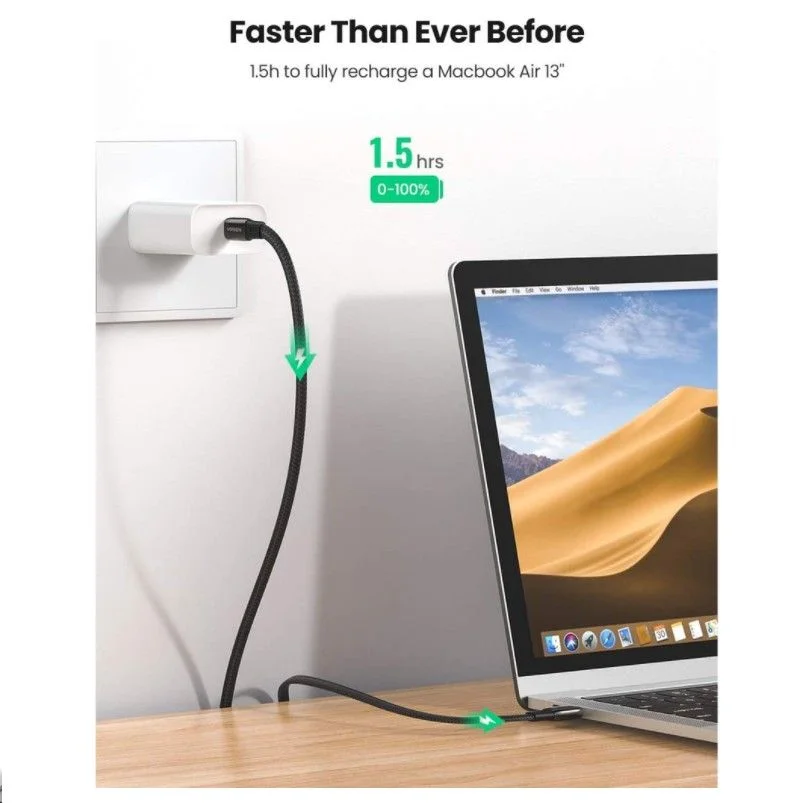 Ugreen 10969 2M 60W màu đen cáp USB type C dẹp mạ nickel chống nhiễu US331 — ảnh 5