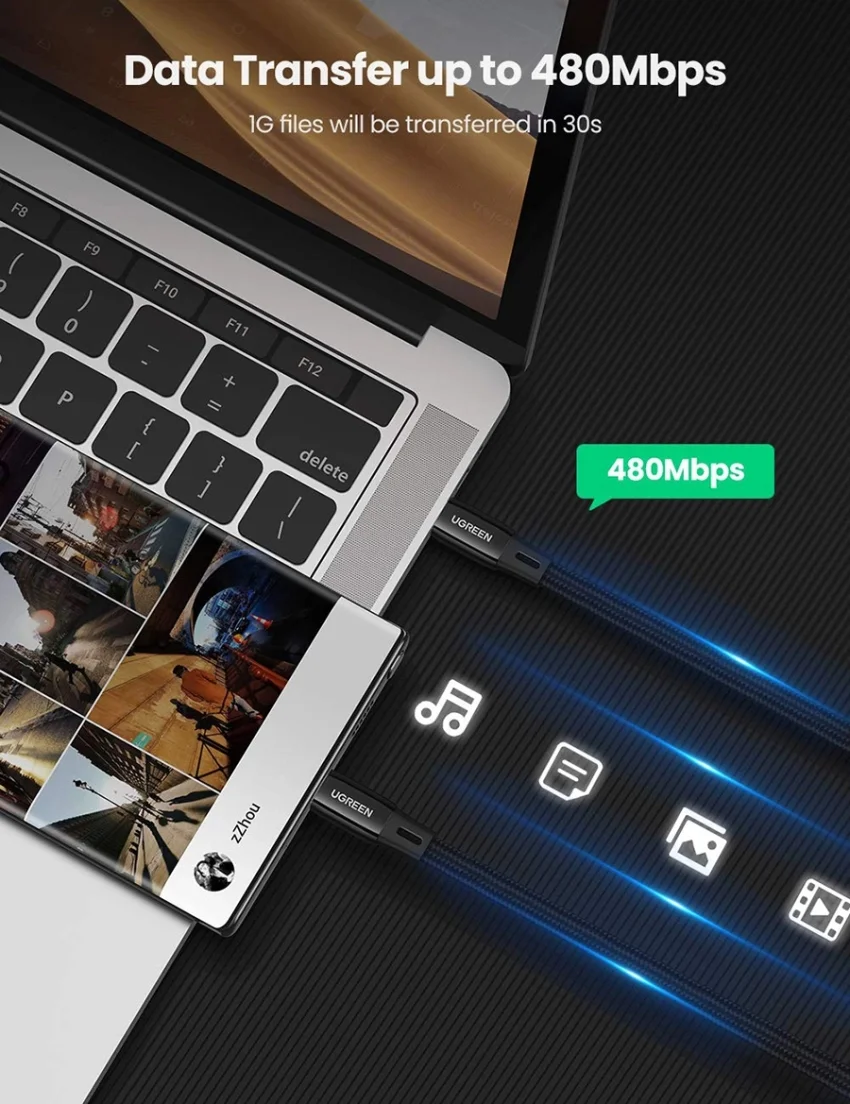 Ugreen 10969 2M 60W màu đen cáp USB type C dẹp mạ nickel chống nhiễu US331 — ảnh 6