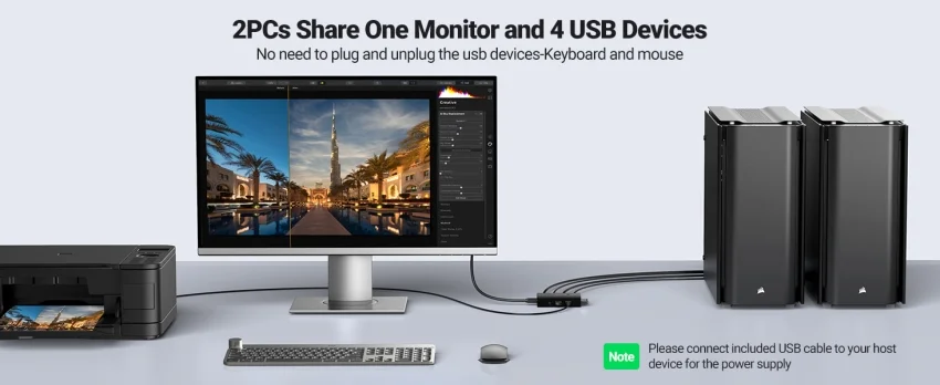Ugreen 15166 4K 60Hz 5M Bộ chuyển tín hiệu 2 CPU dùng 1 Màn hình cổng HDMI KVM Switch USB kèm dây USB-B hổ trợ hot key cm571