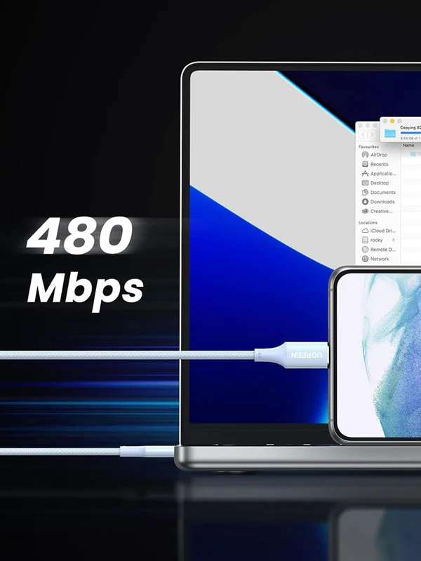 Ugreen 15273 100W 2M QC4.0 5A Cáp sạc nhanh USB-C dây bọc dù Màu Xanh US557 — ảnh 6