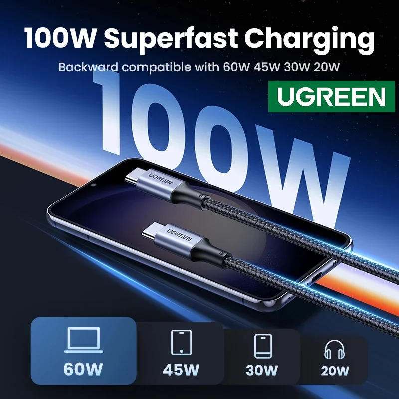 Ugreen 15274 0.5m 100W QC4.0 5A cáp sạc nhanh USB-C dây bọc dù Màu Đen US557 — ảnh 3