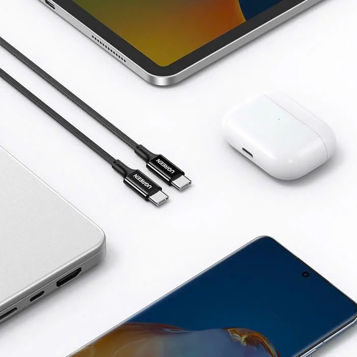 Ugreen 15274 0.5m 100W QC4.0 5A cáp sạc nhanh USB-C dây bọc dù Màu Đen US557 — ảnh 4
