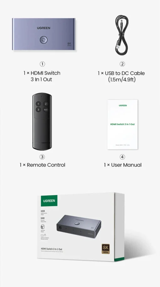 Ugreen 15604 8K60Hz v2.1 hdmi 3 vào 1 ra có kèm remote hỗ trợ độ phân giải cao 4K120Hz có cáp nguồn USB-A to C dài 1.5M Bộ gộp HDMI CM624