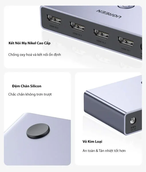 Ugreen 15604 8K60Hz v2.1 hdmi 3 vào 1 ra có kèm remote hỗ trợ độ phân giải cao 4K120Hz có cáp nguồn USB-A to C dài 1.5M Bộ gộp HDMI CM624 — ảnh 2