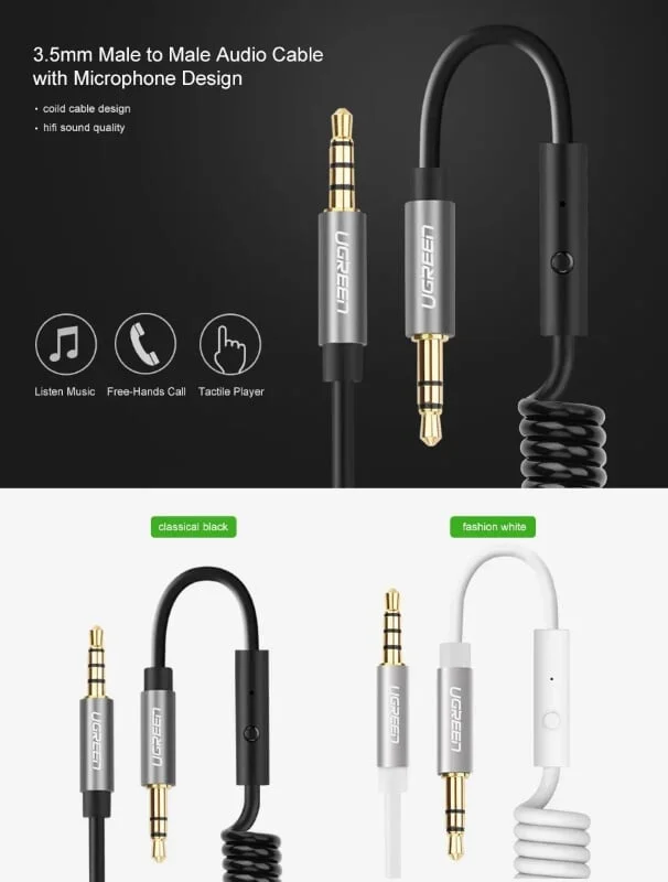 Ugreen 20705 2M màu Đen Cáp âm thanh 2 đầu 3.5mm dương dây xoắn AV129