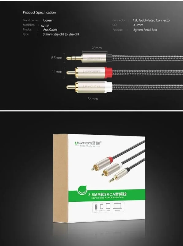 Ugreen 20820 0.5M màu Đen Cáp âm thanh 2 đầu Bông sen sang 3.5mm Dương AV135