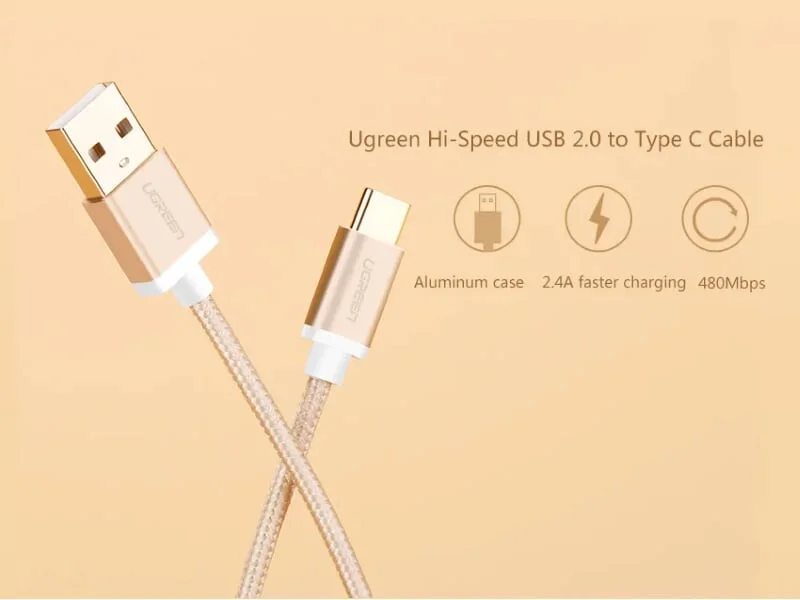 Ugreen 20862 2M màu Vàng Dây USB 2.0 sang Type-C đầu nhôm dây bọc vinyl US174