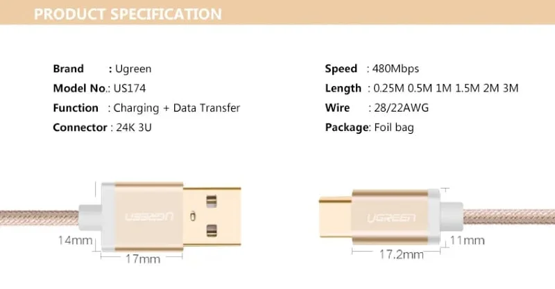 Ugreen 20862 2M màu Vàng Dây USB 2.0 sang Type-C đầu nhôm dây bọc vinyl US174