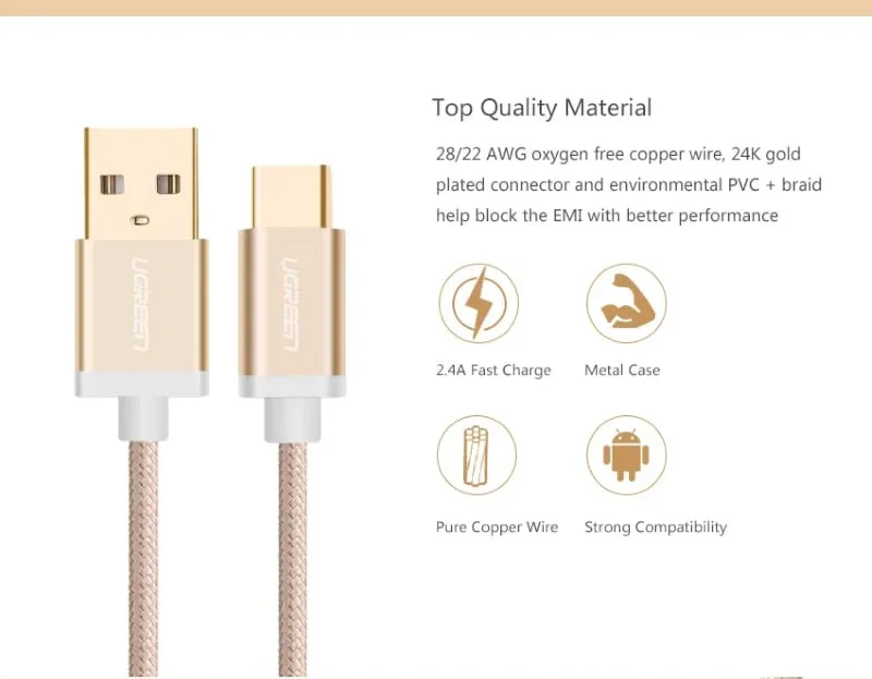 Ugreen 20862 2M màu Vàng Dây USB 2.0 sang Type-C đầu nhôm dây bọc vinyl US174