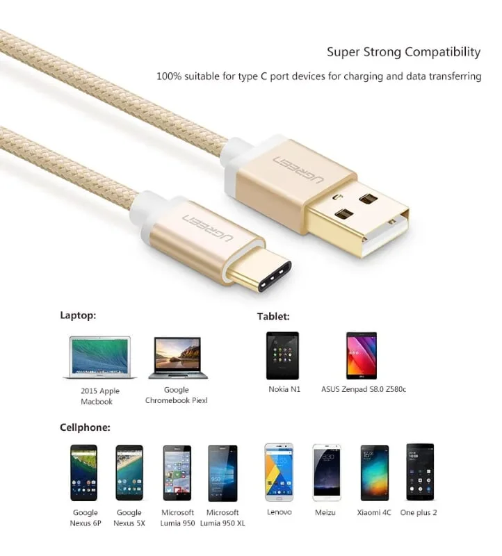 Ugreen 20862 2M màu Vàng Dây USB 2.0 sang Type-C đầu nhôm dây bọc vinyl US174 — ảnh 4