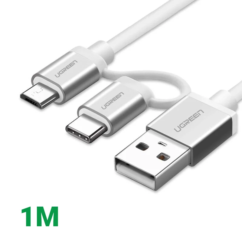 Ugreen 20872 1M màu bạc Dây USB A sang Micro USB + USB-C cao cấp US177