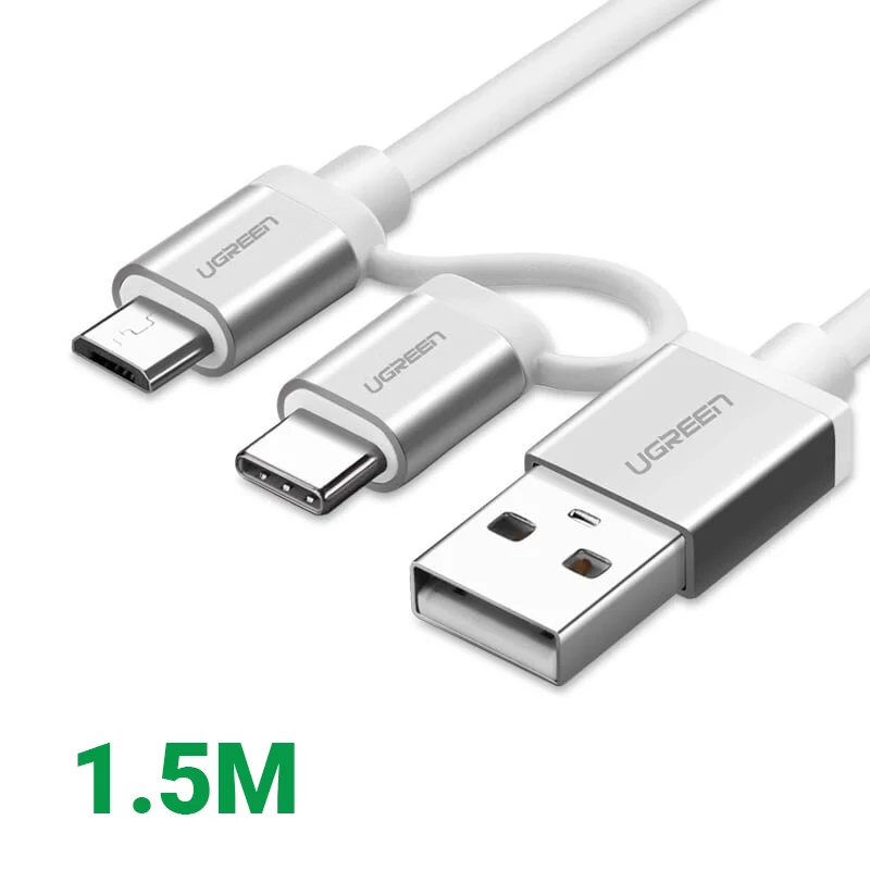 Ugreen 20873 1.5M màu bạc Dây USB A sang Micro USB + USB-C cao cấp US177