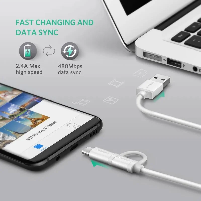 Ugreen 20874 2M màu bạc Dây USB A sang Micro USB + USB-C cao cấp US177 — ảnh 8