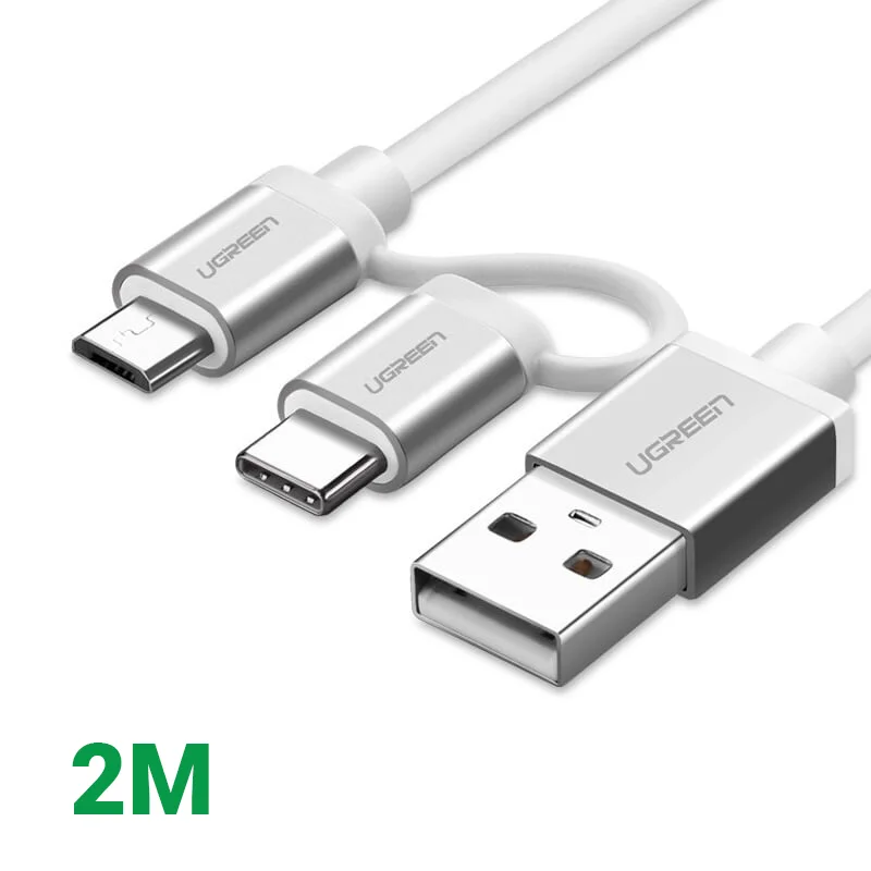 Ugreen 20874 2M màu bạc Dây USB A sang Micro USB + USB-C cao cấp US177