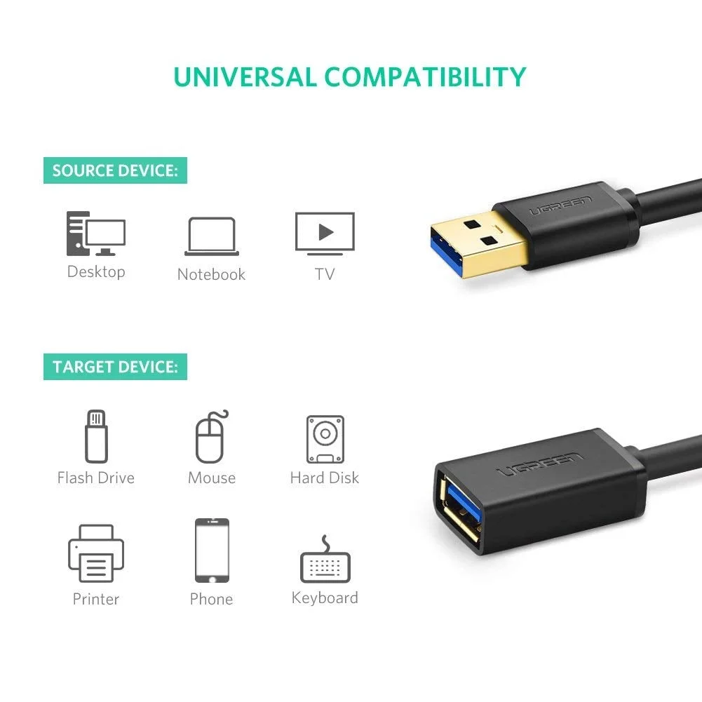 UGREEN 30125 USB 3.0 Extension Male Cable 0.5m (Black)