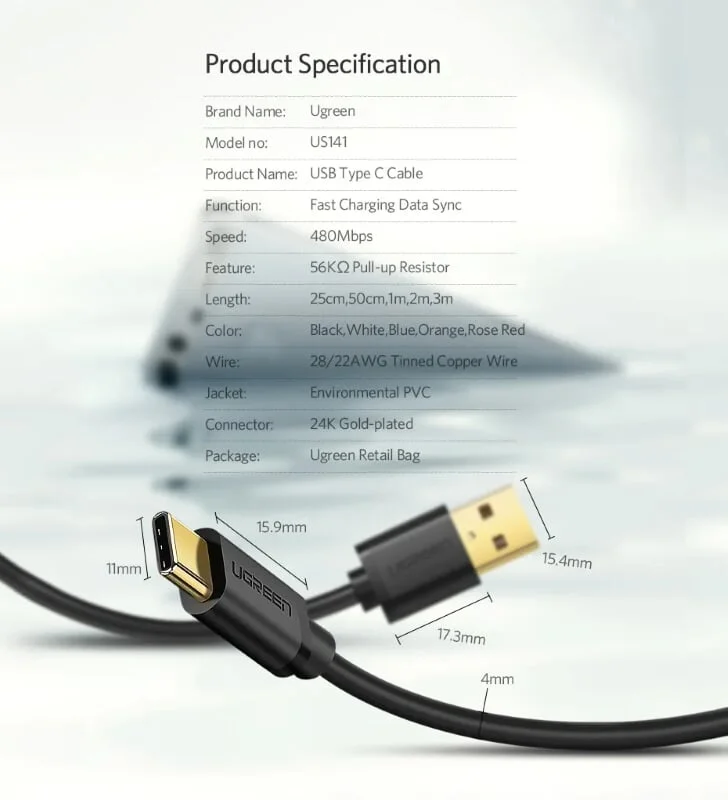 Ugreen 30157 0.25M màu đen Dây USB 2.0 sang Type-C truyền dữ liệu và sạc US141