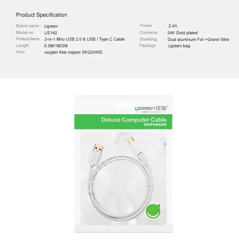 Ugreen 30169 0.25M màu trắng Cáp USB-A sang Micro USB + USB-C cao cấp US142 — ảnh 10