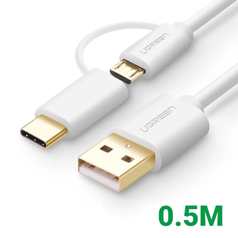Ugreen 30170 0.5M màu trắng Cáp USB-A sang Micro USB + USB-C cao cấp US142
