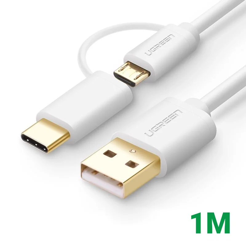 Ugreen 30171 1M màu trắng Cáp USB-A sang Micro USB + USB-C cao cấp US142