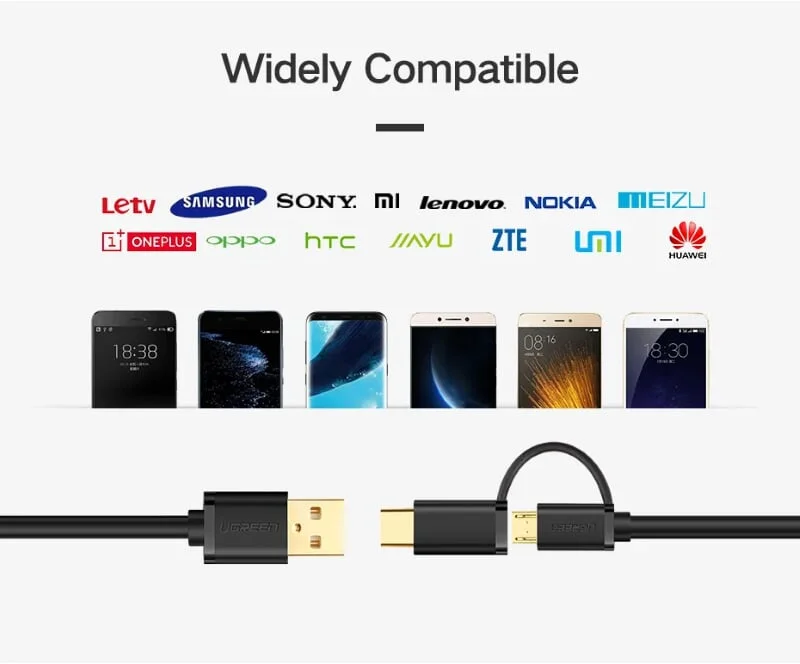 Ugreen 30174 1M màu đen Thiết bị chuyển đổi USB 2.0 sang type-C và micro USB US142