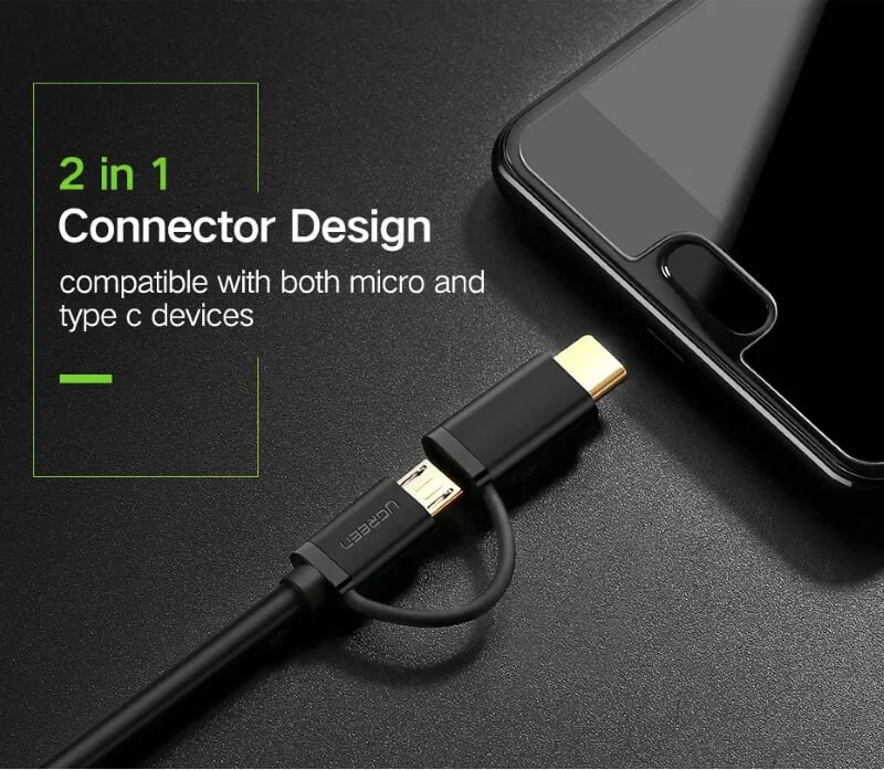 Ugreen 30174 1M màu đen Thiết bị chuyển đổi USB 2.0 sang type-C và micro USB US142