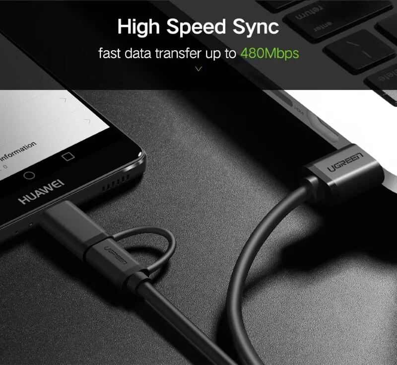 Ugreen 30174 1M màu đen Thiết bị chuyển đổi USB 2.0 sang type-C và micro USB US142