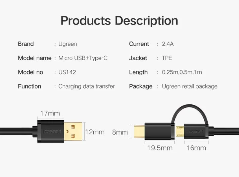 Ugreen 30173 0.5M màu đen Thiết bị chuyển đổi USB 2.0 sang type-C và micro USB US142 — ảnh 7