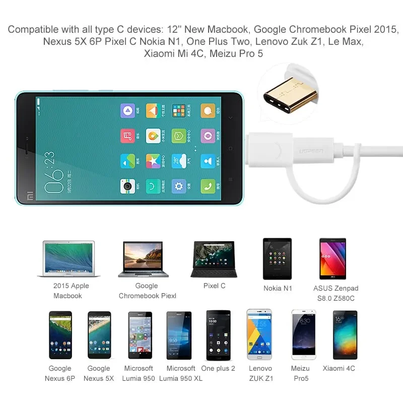 Ugreen 30380 1.5M màu trắng Cáp USB-A sang Micro USB + USB-C cao cấp US142 — ảnh 2
