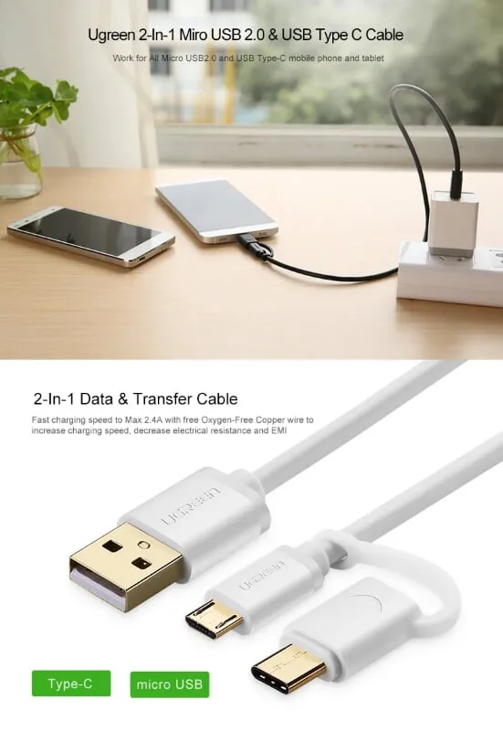 Ugreen 30381 2M màu trắng Cáp USB-A sang Micro USB + USB-C cao cấp US142 — ảnh 6